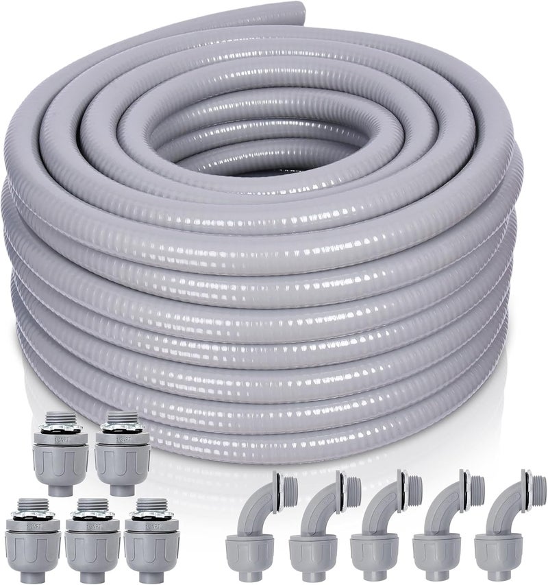Feotech Liquid-Tight Conduit and Connector Kit - 3/4 Inch 50 FT Non Metallic Liquid Tight Electrical Conduit with 5 Straight and 5 Angle Fittings - Image 1